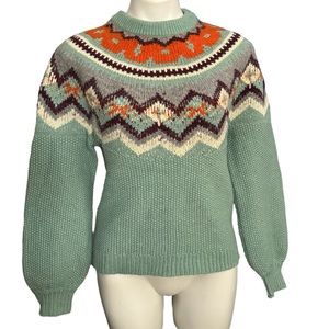 Autumn J.Crew Zigzag Fair Isle Sweater Fall Md Warm Aqua Blue green pumpkins